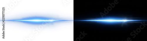 Cinematic Anamorphic Blue Lens Flare and Horizontal Light Streaks on Black Background for Futuristic Technology Sci-Fi Digital Graphics and Creative Movie Visual Special Effects Overlays.