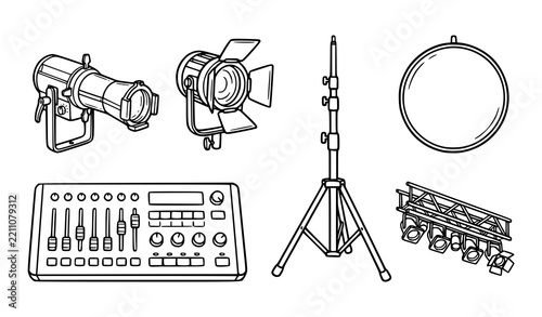 Set of professional studio lighting and audio equipment line art icons with light stand mixing console stage lighting gear audio mixer reflector panel stage truss film studio