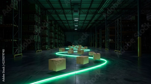 Empty Automated Warehouse With Glowing Green Neon Supply Chain Route Line And Floating Boxes Logistics Concept Without People