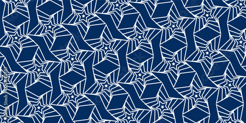 Abstract geometric seamless pattern with white linear optical ornament on dark blue background for textile, fabric, and wallpaper design