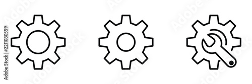 Gear icon set, settings cog mechanical wrench repair tool outline vector art illustration symbol.