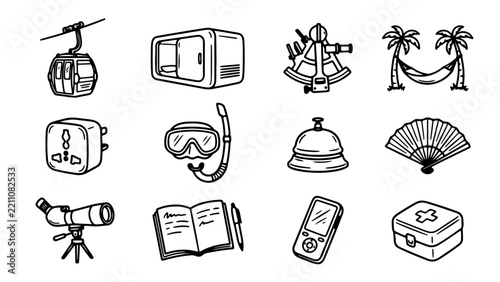 Hand Drawn Travel Doodle Collection Black Line Art Tourism and Vacation Icons