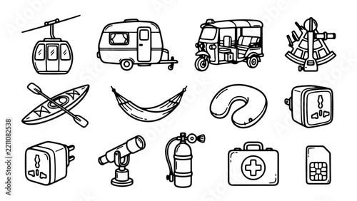 Hand Drawn Travel Doodle Collection Black Line Art Tourism and Vacation Icons