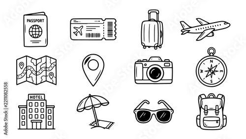 Hand Drawn Travel Doodle Collection Black Line Art Tourism and Vacation Icons