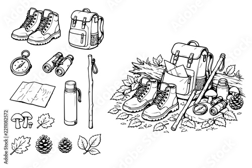 Camping equipment line art illustrations featuring hiking boots, backpacks, and nature elements.