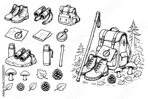 Hiking equipment collection showcasing camping gear, boots, compasses, and nature elements in sketch style.