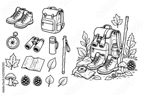 Hiking gear vector elements presented in clean black and white outlines for outdoor activities.