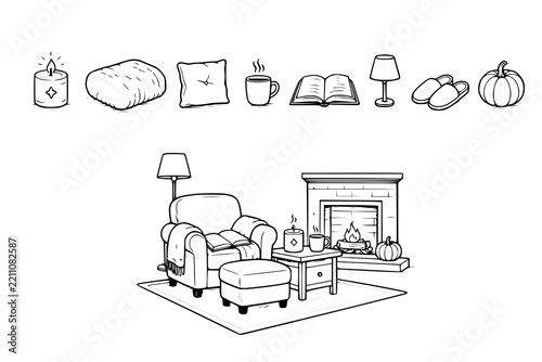 Living room furniture sketch with individual icons for armchair, fireplace, lamp, and fall decorations.