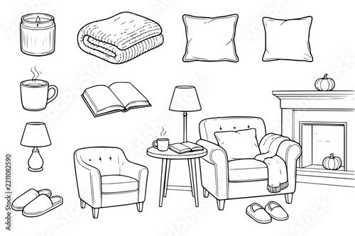 Cozy room elements collection displayed in black and white line art for home comfort themes.