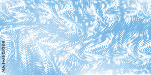 Dynamic abstract blue background featuring flowing halftone dots forming smooth wave patterns.
