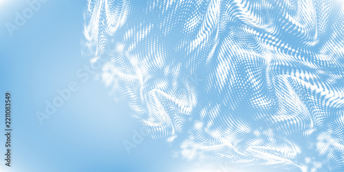 Dynamic abstract blue background featuring flowing halftone dots forming smooth wave patterns.