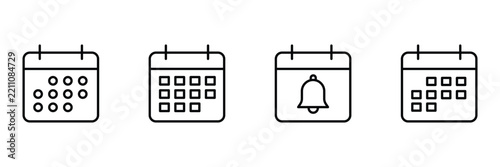 Calendar icon set, schedule planner event reminder bell notification outline vector art illustration symbol.