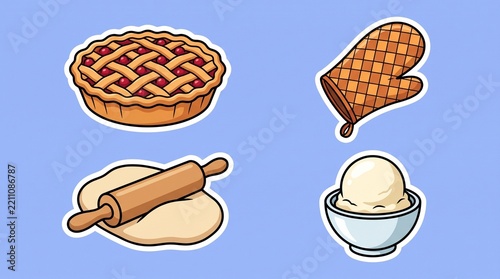 Cute cartoon baking stickers set with cherry pie, dough, oven mitt, and ice cream