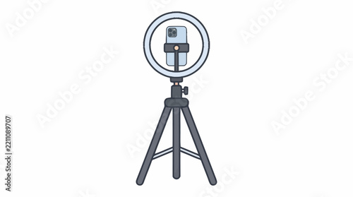 A smartphone mounted on a tripod with a ring light