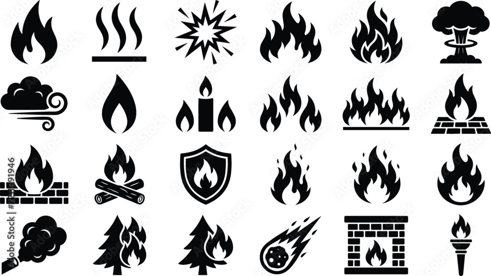 Obraz premium Fire flames combustion hazards and forest fire black silhouette vector icon set isolated on white background
