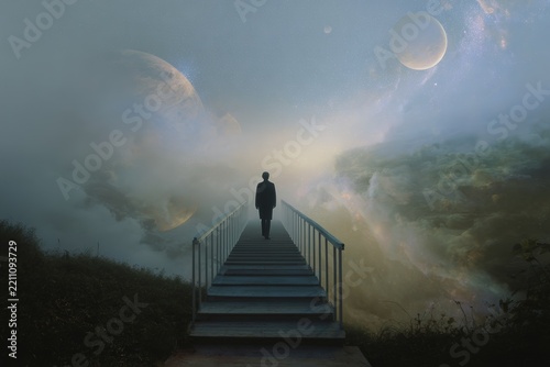 Solitary figure walking on a bridge between worlds for surreal cosmic wallpaper background and concept poster about journey and transition