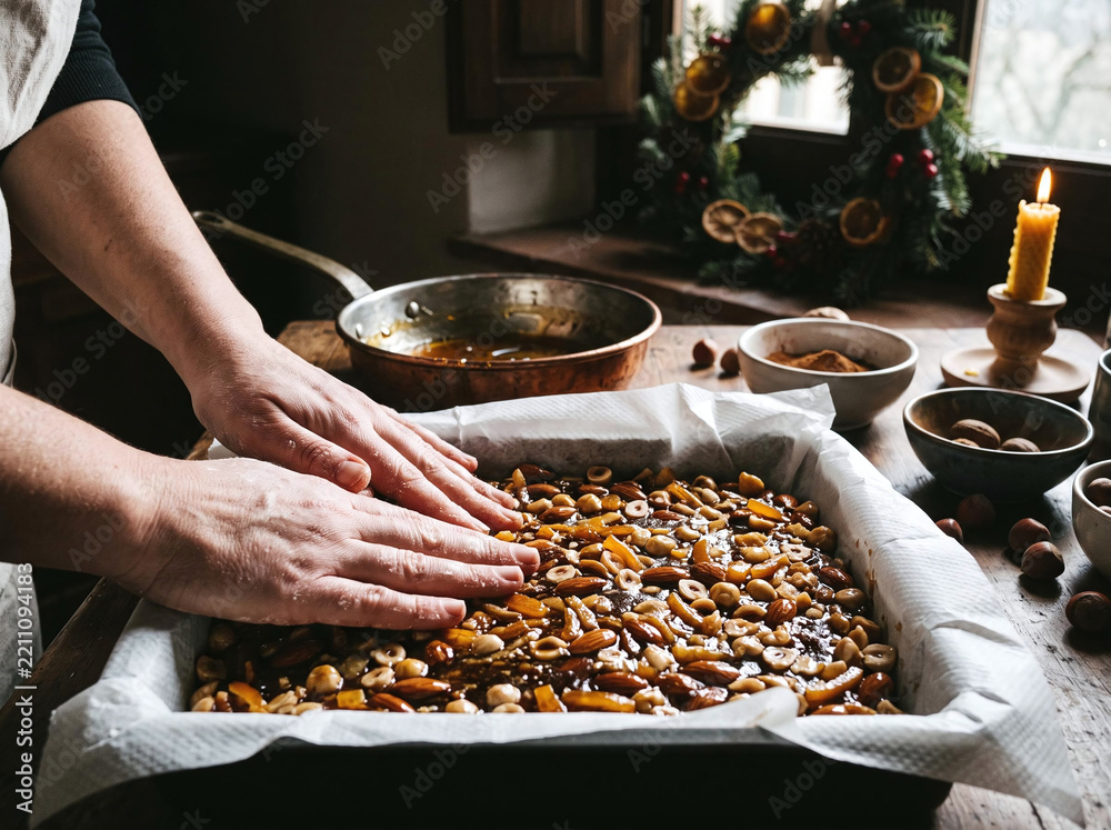 Obraz premium Baker pressing traditional Italian panforte fruitcake into a tin for Christmas
