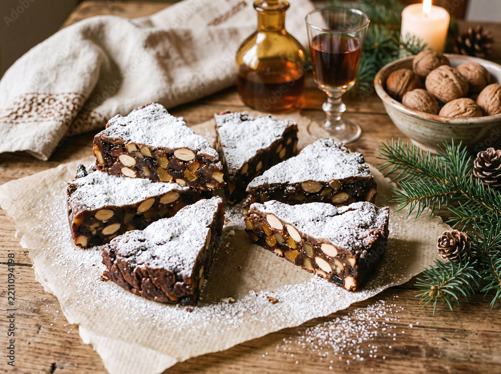 Fototapeta premium Slices of traditional Italian panforte fruit cake on a rustic Christmas table