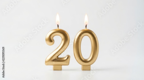 Gold number 20 birthday candles with flames isolated on white background
