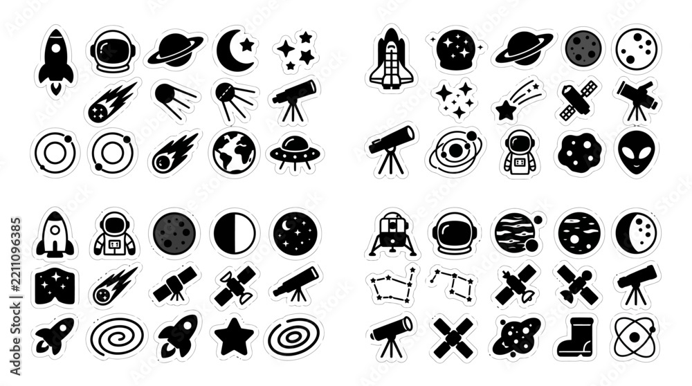 Obraz premium Explore the Cosmos with a Vast Collection of Space Vector Icons Planets, Rockets, Astronauts, and Galactic Elements Set
