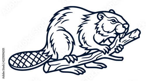 Beaver mascot biting a wooden branch line art vector