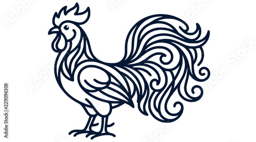Stylized rooster line art vector with swirl feather patterns