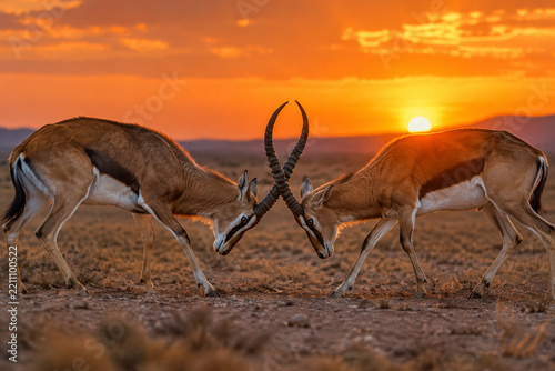 Two male antelopes lock horns in a standoff on a barren plain under dramatic sunset light.