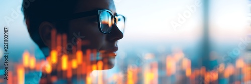 A person wearing glasses looks thoughtfully at a blurred cityscape with overlaid financial charts and glowing data points.