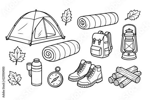 Camp gear icons featuring tent, backpack, sleeping bag, and lantern in linear design.