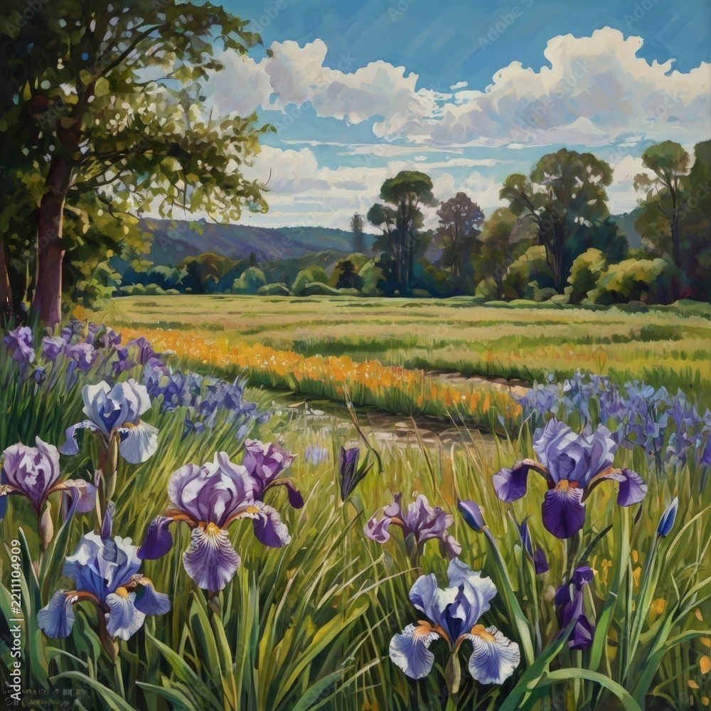 Fototapeta premium A spring mountain meadow, carpeted with colorful wildflowers amidst lush green grass, a blue sky, and a picturesque landscape.