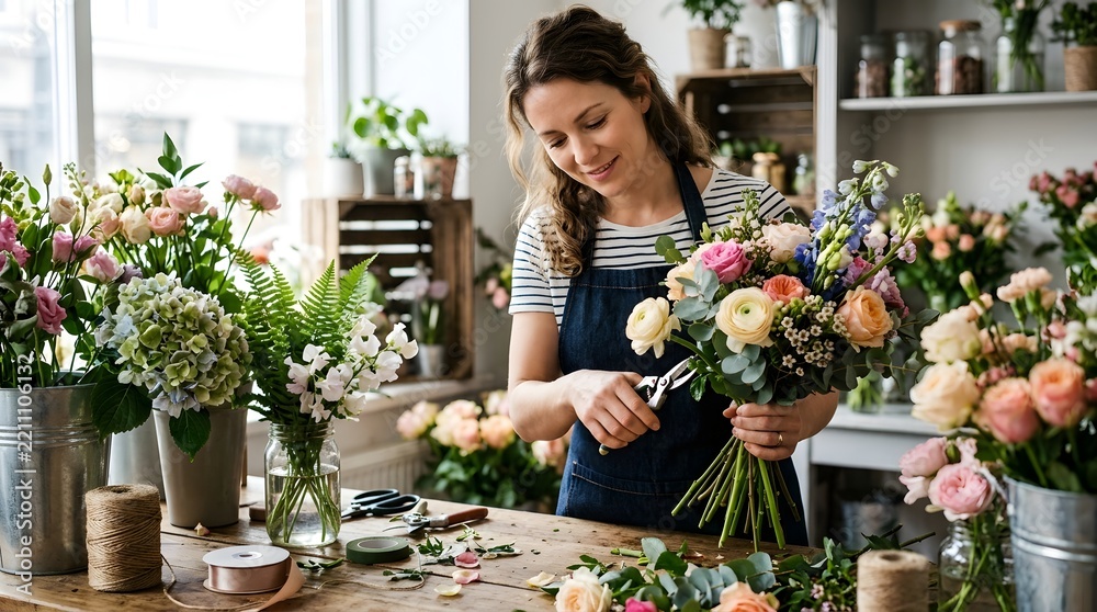 Fototapeta premium Female florist trimming stems with secateurs while arranging colorful fresh flower bouquet
