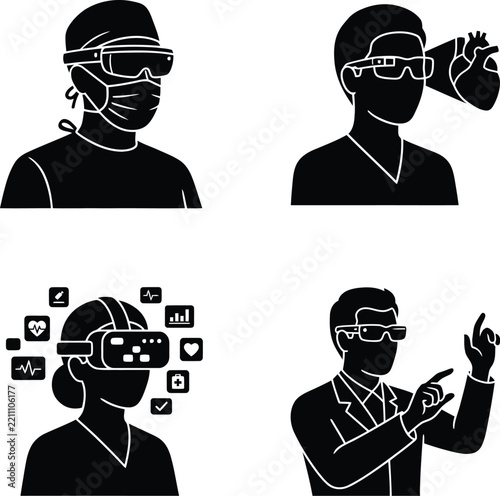 Medical Professionals Using Augmented Reality and Virtual Reality Technology Icons Set