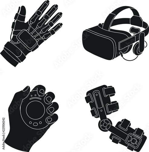 Virtual Reality and Cybernetics Equipment Icons Set in Black Silhouette