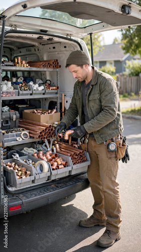 Plumber Organizing Copper Pipes and Fittings in Back of Open Service Van Outdoors