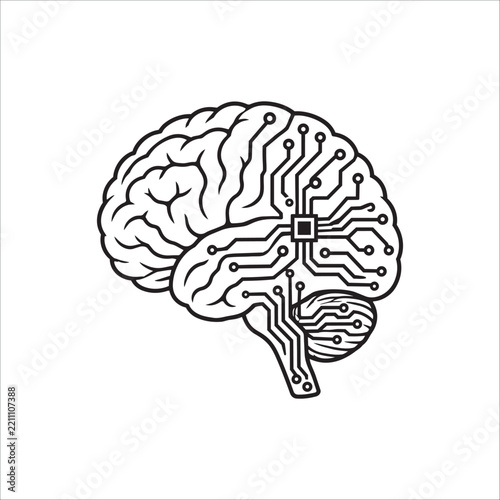 Artificial Intelligence Brain Vector - Digital Circuit Board, Neural Network, Cybernetic Technology Line Art Icon Design