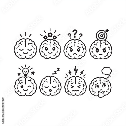Cute Brain Mascot Character Icon Set - Vector Brain Expressions, Emotions, Thinking, Stress, Idea, and Goal Line Art Icons