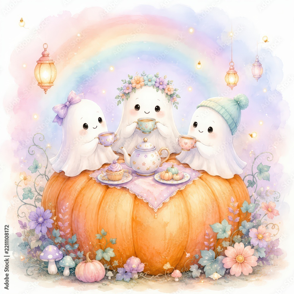 Obraz premium Three Cute Ghosts Enjoying Tea Party on a Pumpkin with Rainbow