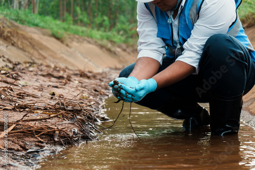 Environmental technician examining sediment and debris sample from a stream bed.
