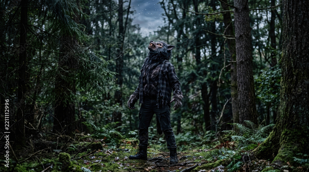 Fototapeta premium Werewolf costume in forest at night with festive background creating spooky atmosphere