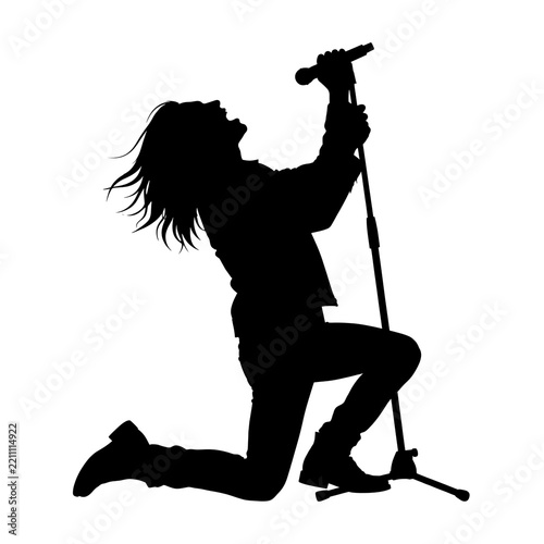 Black silhouette of rock singer kneeling, transparent background