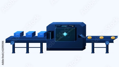 Continuous automated 2D isometric corporate tech production line converting blue boxes into gold coins via an advanced processing machine with moving conveyor 