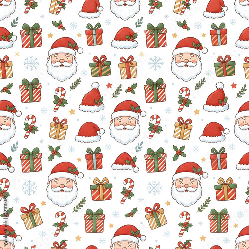 Seamless Christmas pattern with Santa Claus faces, Santa hats, gifts and candy canes, cute cartoon style, white background, no text.