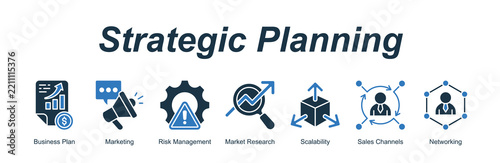Strategic Planning web banner icon concept for with icon of Business Plan, Marketing, Risk Management, Market Research, Scalability, Sales Channels, Networking.