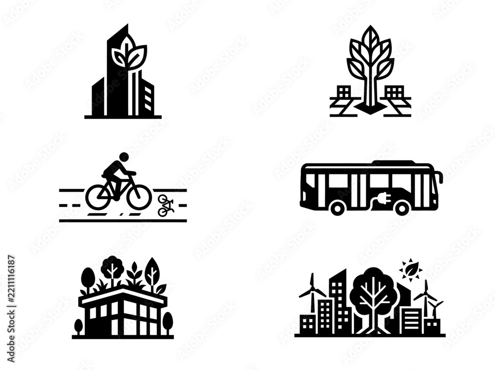 Obraz premium Urban sustainability icons including eco buildings bicycle transport bus park