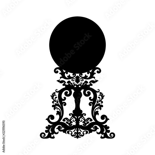Black silhouette of crystal ball on an ornate stand, transparent background