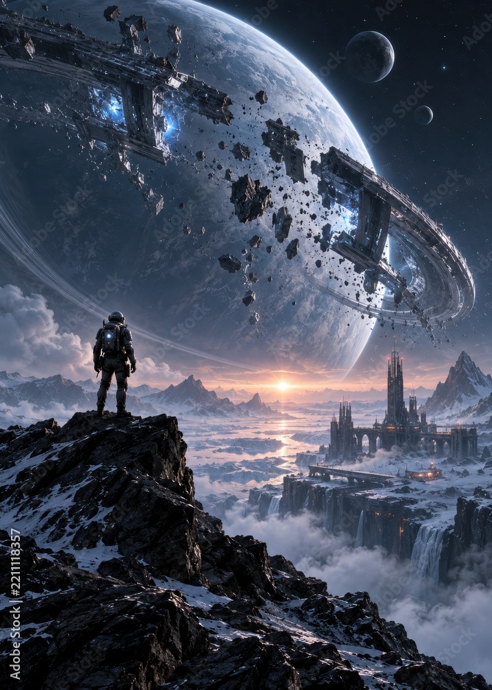 Fototapeta premium Futuristic Space Explorer Standing on Mountain Peak Over Alien Landscape and Giant Planet