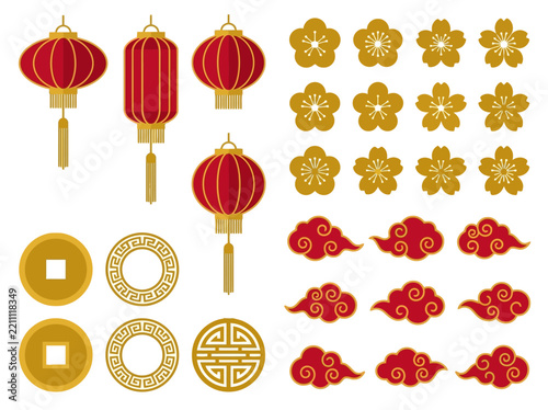 Chinese New Year Graphic Elements Set: Red Lanterns, Gold Plum Blossoms, Auspicious Clouds, and Traditional Coins for Lunar New Year Celebration and Design