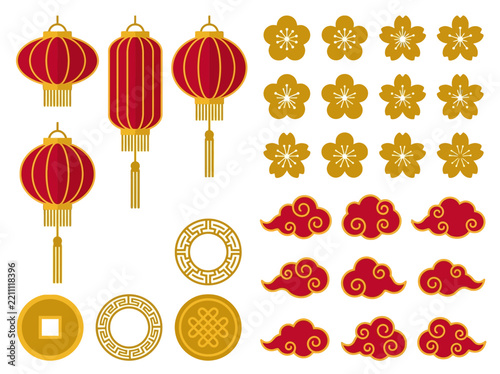 Traditional Chinese New Year Decorative Elements Set with Red Lanterns, Golden Plum Blossoms, Lucky Clouds, and Oriental Borders for Lunar New Year Festivals