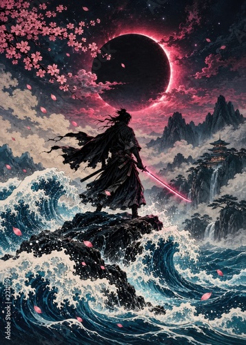 Mystical warrior standing on rocky coastline with moon and cherry blossoms