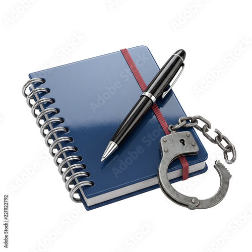 Blue spiral notebook with red elastic band, black pen, and open metal handcuffs, representing legal documentation, crime reporting, or police records.